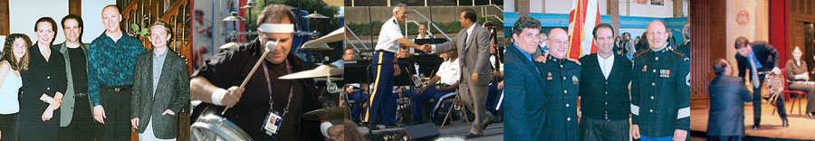 Bertolozzi - Radio Strip Photos L - R: (1) At the Howland Center, Beacon, NY with Sarah Bertolozzi, Beth Guiffre, Ben Pologe & George Conrad, 2001. (2) The Bronze Collection at the 2005 US Tennis Open. (3) With Col. Thomas Rotondi & The West Point Band in Poughkeepsie, NY, 2004. (4) At Eisenhower Hall, West Point, with Stephen Melillo, Maj. William Garlette & SSGT. Harry Ditzel, 2001. (5) At Kilbourn Hall, Eastman School of Music with David Lesser, 2005.