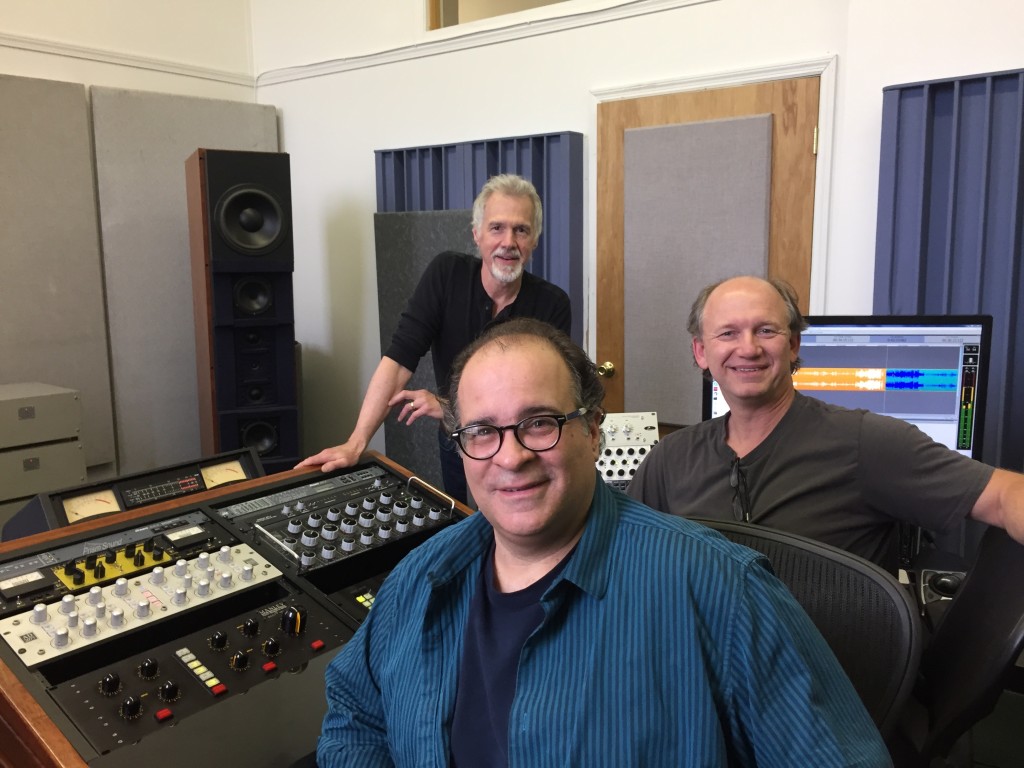 l.-r.: Paul Kozel (mixing), Joseph Bertolozzi (composer), and Scott Hull (mastering), celebrating the completion of the TOWER MUSIC album.